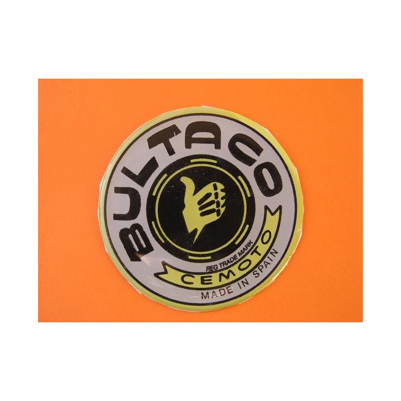 bultaco emblema en relieve gris con borde amarillo